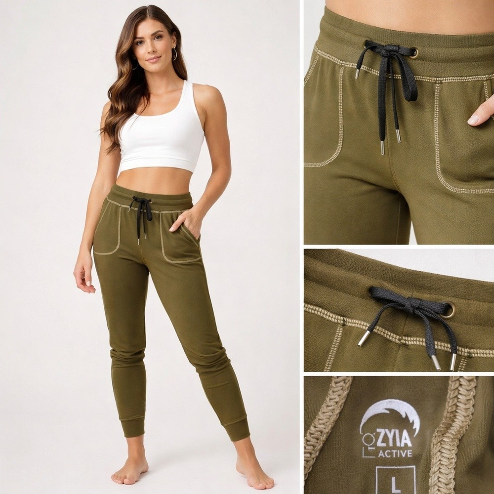 Zyia Olive Unwind Joggers Athleisure Lounge Pants Drawstring Stretch L‎